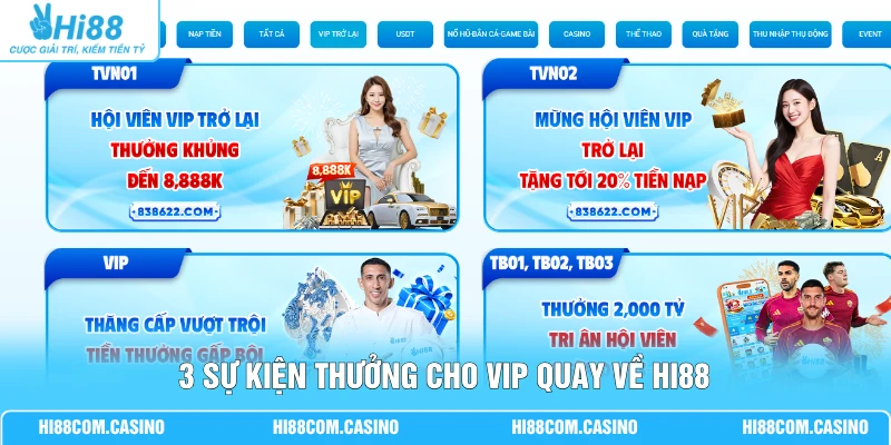 Khuyến Mãi VIP Trở Lại - Hi88 Tặng Lên Tới 20% Tiền Nạp 3 sự kiện thưởng cho VIP quay về Hi88