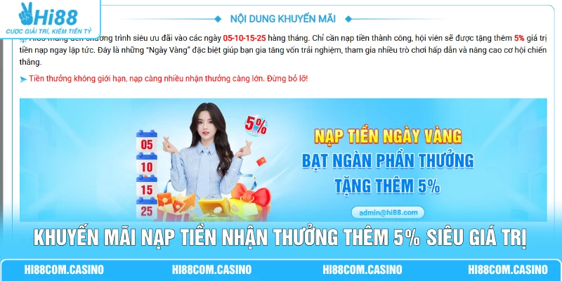Khuyến Mãi Nạp Tiền Hi88 Giá Trị 5% Đến 20% Cho Hội Viên Khuyến mãi nạp tiền nhận thưởng thêm 5% siêu giá trị