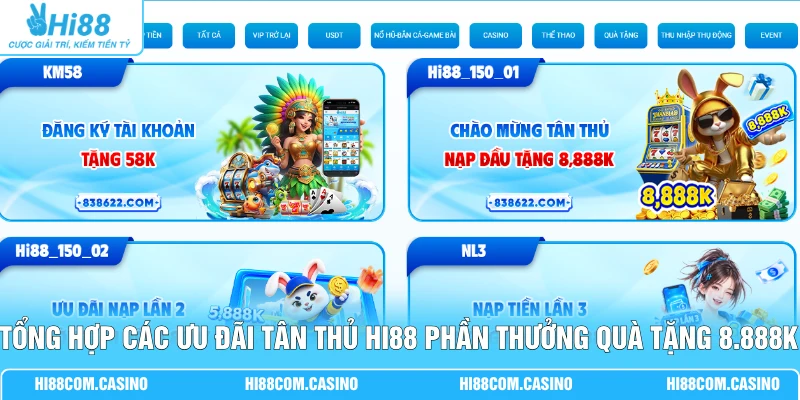 Tổng Hợp Các Ưu Đãi Tân Thủ Hi88 Phần Thưởng Quà Tặng 8.888K Tổng Hợp Các Ưu Đãi Tân Thủ Hi88 Phần Thưởng Quà Tặng 8.888K